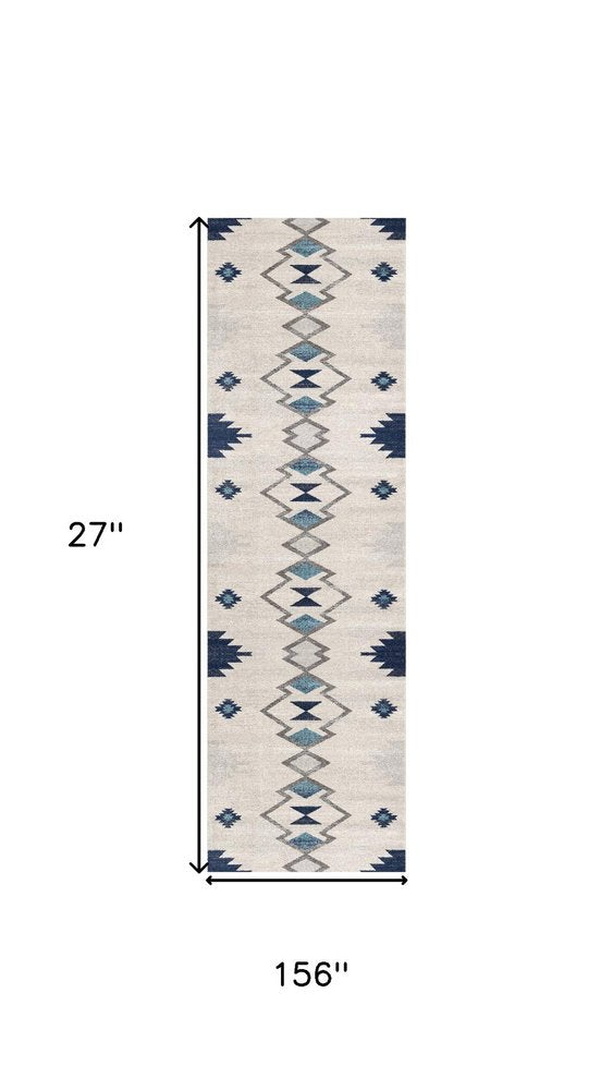 13' Runner Blue and Ivory Southwestern Runner Rug