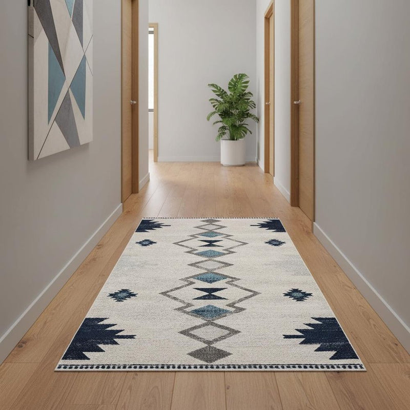13' Runner Blue and Ivory Southwestern Runner Rug