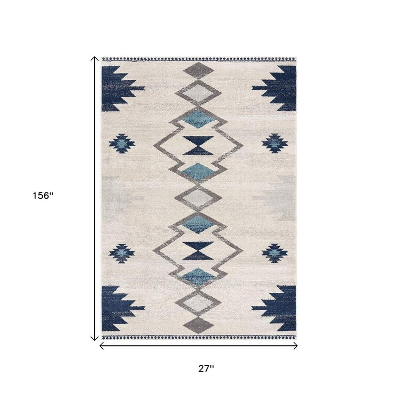 13' Runner Blue and Ivory Southwestern Runner Rug
