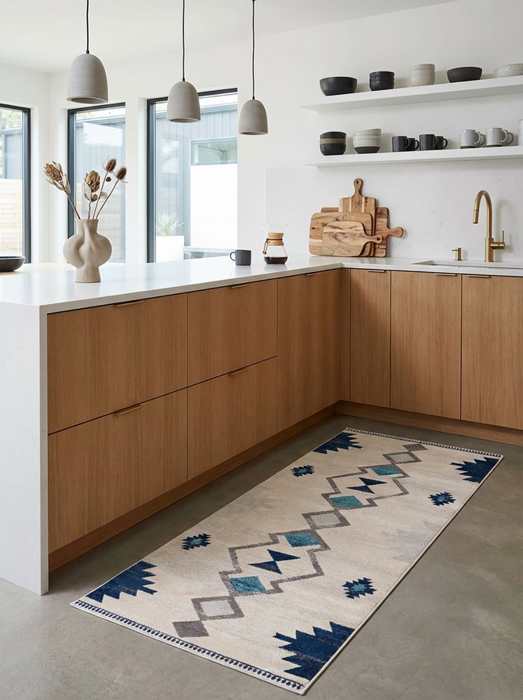 13' Runner Blue and Ivory Southwestern Runner Rug