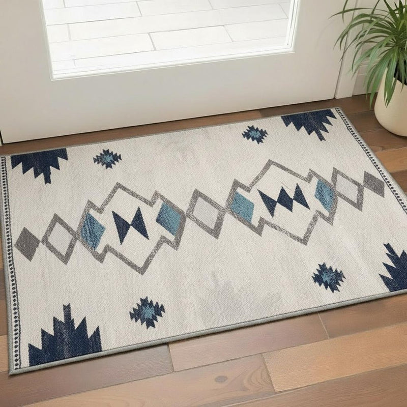 13' Runner Blue and Ivory Southwestern Runner Rug
