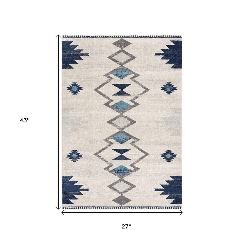 13' Runner Blue and Ivory Southwestern Runner Rug