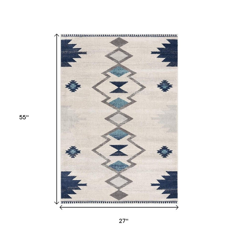 13' Runner Blue and Ivory Southwestern Runner Rug