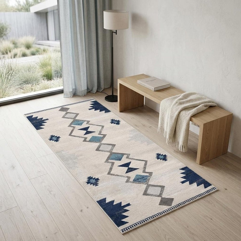 13' Runner Blue and Ivory Southwestern Runner Rug