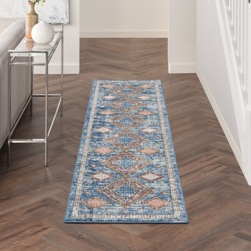 2' X 8' Blue Southwestern Power Loom Non Skid Runner Rug