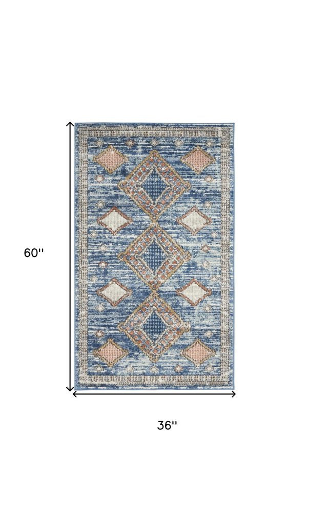 3' X 5' Blue Southwestern Power Loom Non Skid Area Rug