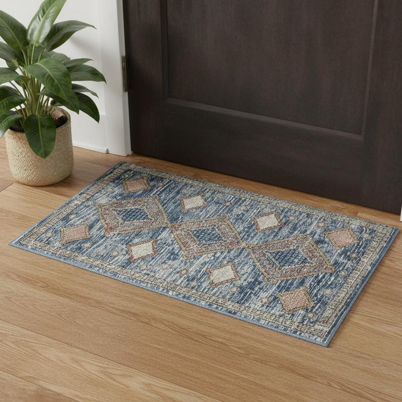 3' X 5' Blue Southwestern Power Loom Non Skid Area Rug