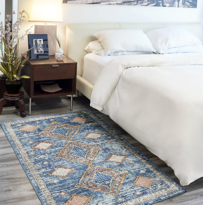 3' X 5' Blue Southwestern Power Loom Non Skid Area Rug