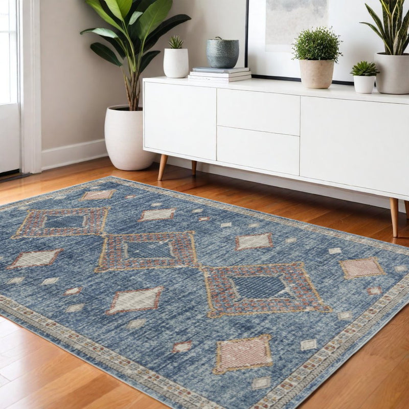 4' X 6' Blue Southwestern Power Loom Non Skid Area Rug
