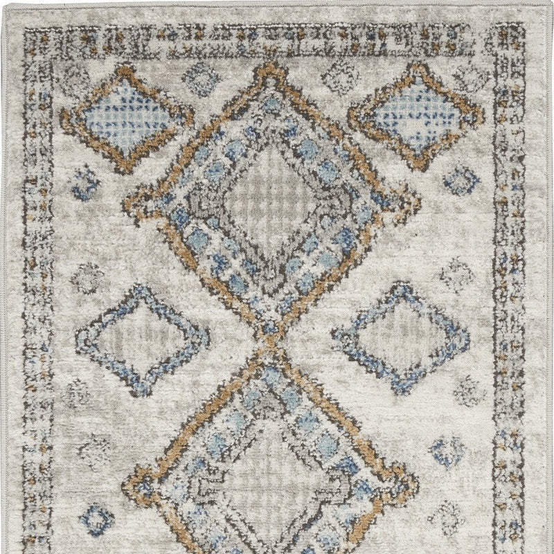 2' X 4' Ivory Grey And Blue Southwestern Power Loom Non Skid Area Rug