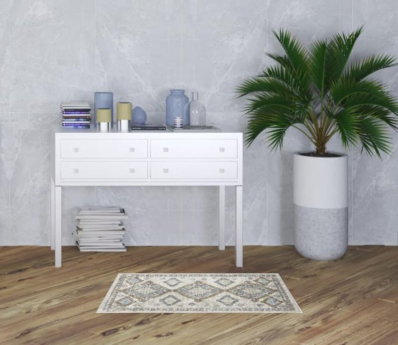 2' X 4' Ivory Grey And Blue Southwestern Power Loom Non Skid Area Rug
