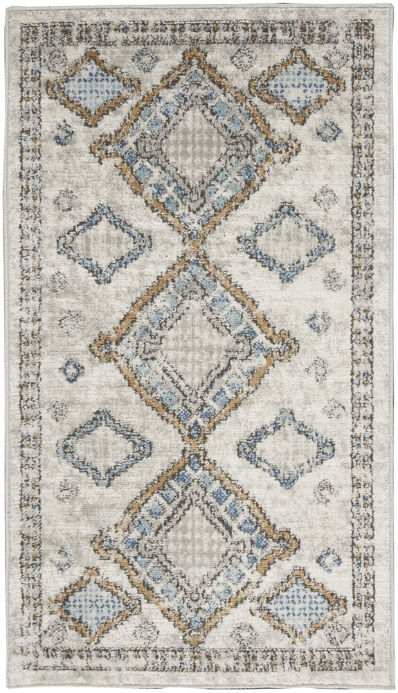 2' X 4' Ivory Grey And Blue Southwestern Power Loom Non Skid Area Rug