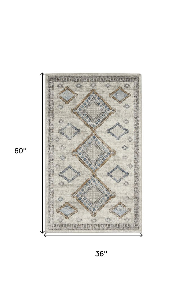 3' X 5' Ivory Grey And Blue Southwestern Power Loom Non Skid Area Rug