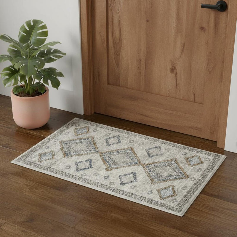 3' X 5' Ivory Grey And Blue Southwestern Power Loom Non Skid Area Rug