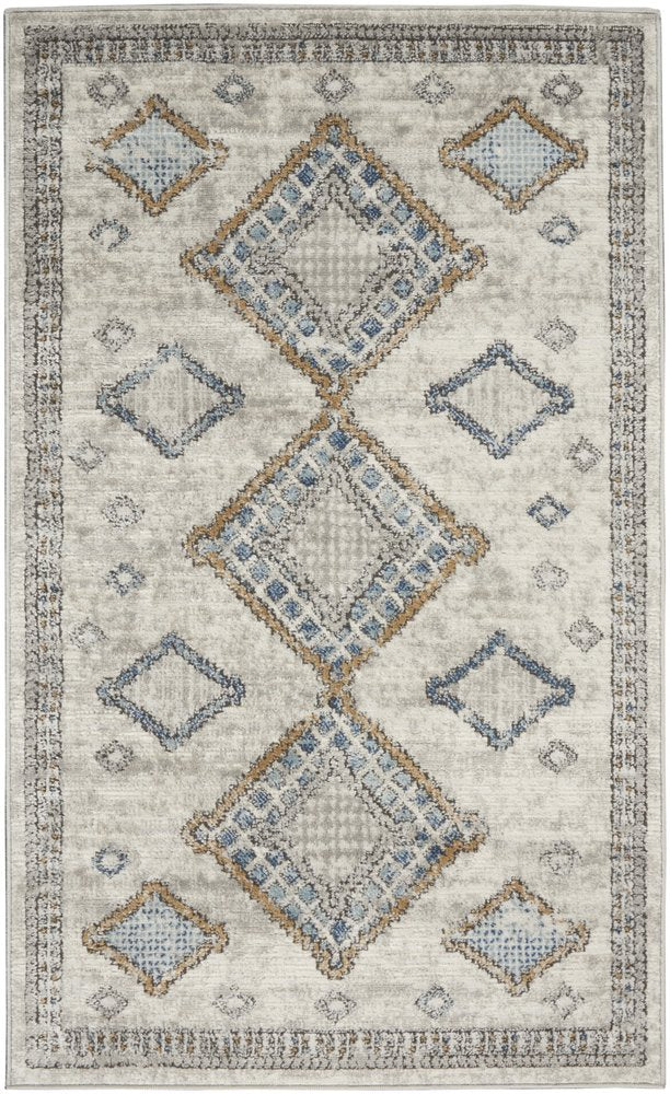 3' X 5' Ivory Grey And Blue Southwestern Power Loom Non Skid Area Rug