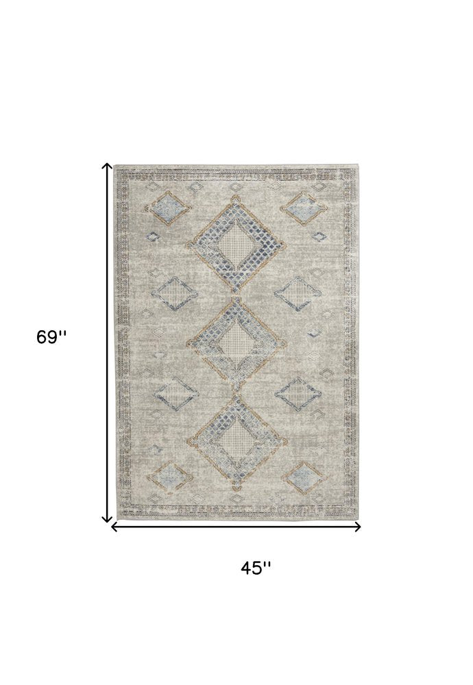 4' X 6' Ivory Grey And Blue Southwestern Power Loom Non Skid Area Rug