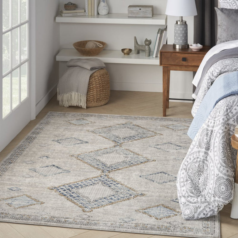 4' X 6' Ivory Grey And Blue Southwestern Power Loom Non Skid Area Rug