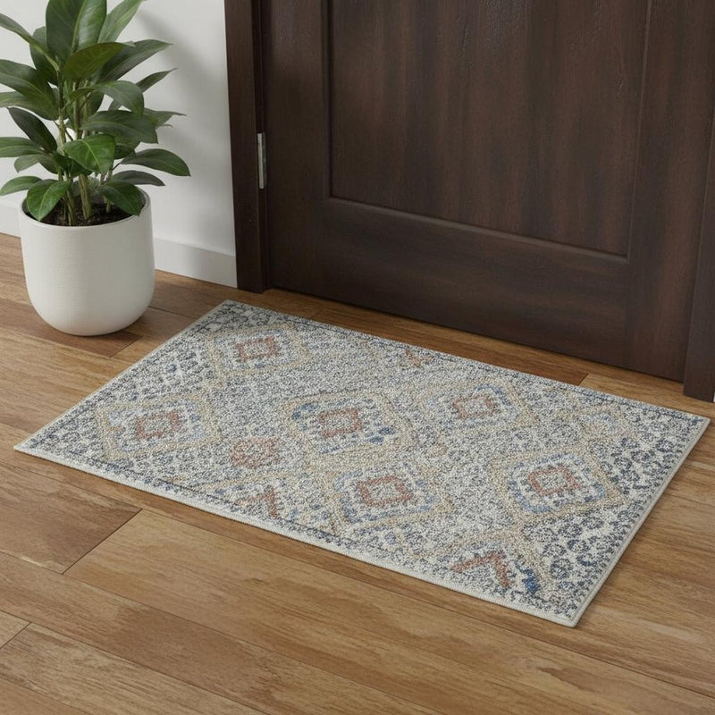 2' X 4' Blue And Ivory Southwestern Power Loom Non Skid Area Rug