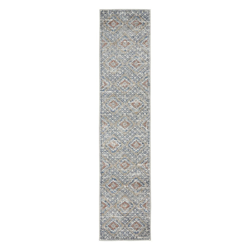 8' Blue And Ivory Southwestern Power Loom Non Skid Runner Rug