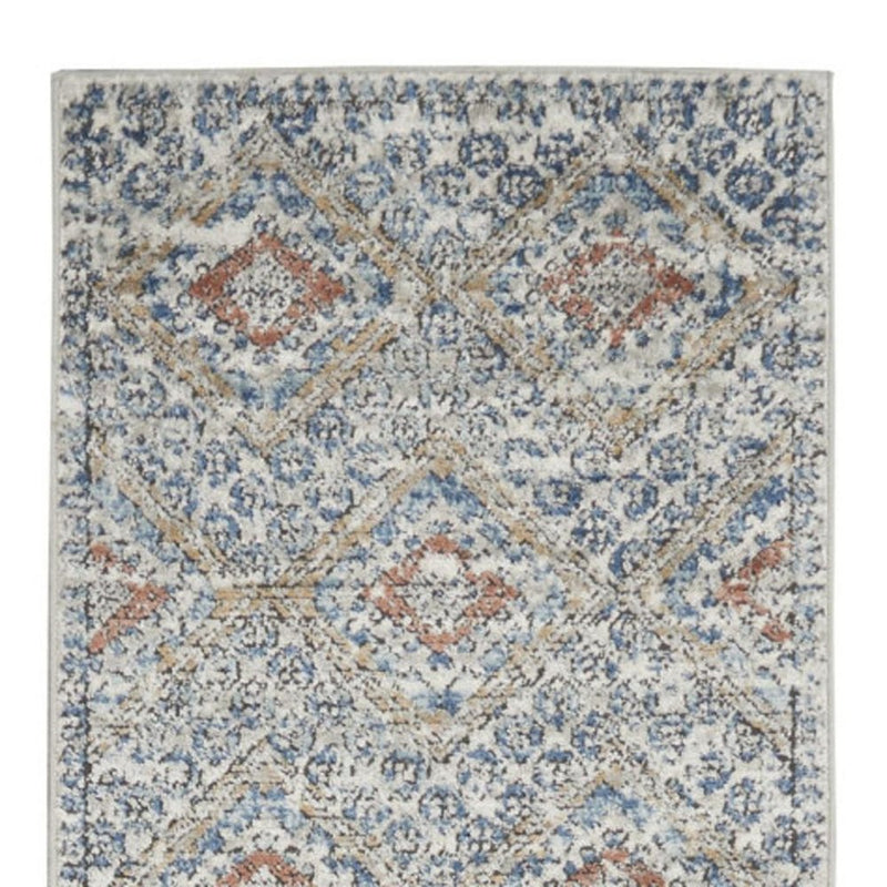 8' Blue And Ivory Southwestern Power Loom Non Skid Runner Rug