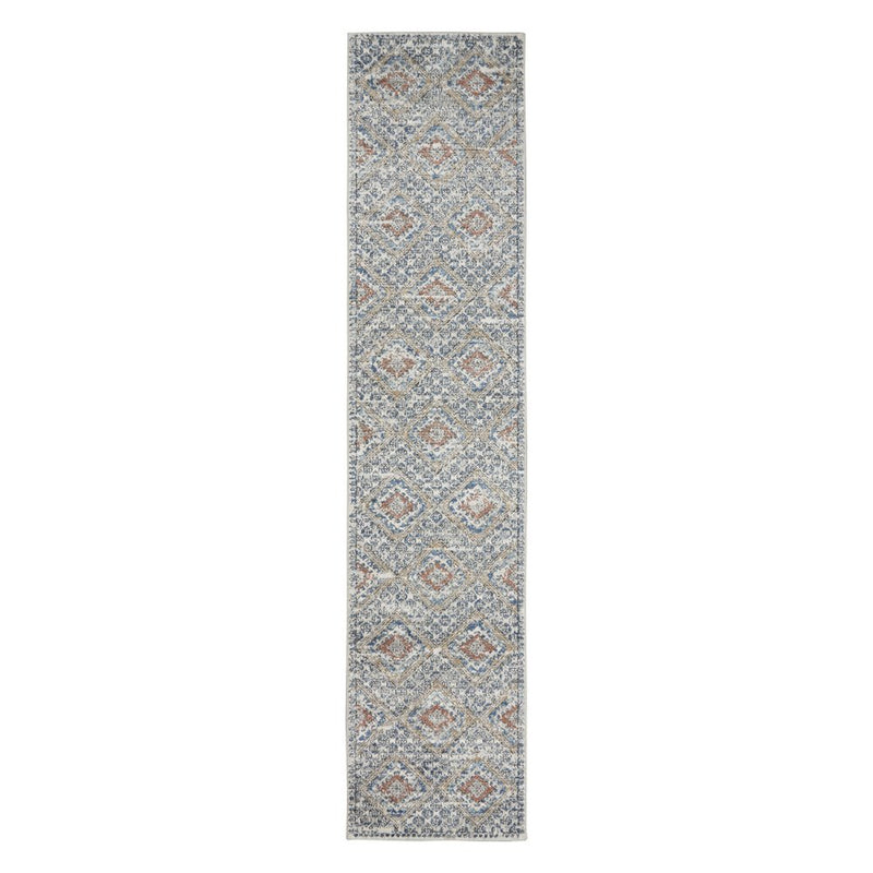 8' Blue And Ivory Southwestern Power Loom Non Skid Runner Rug