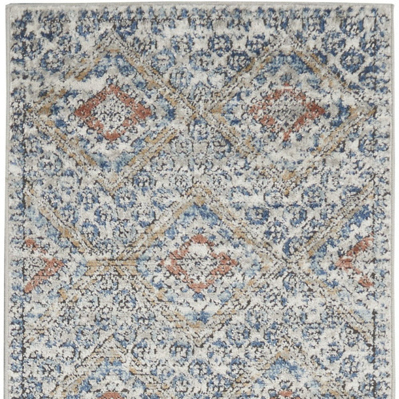 8' Blue And Ivory Southwestern Power Loom Non Skid Runner Rug
