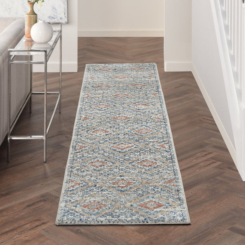 8' Blue And Ivory Southwestern Power Loom Non Skid Runner Rug
