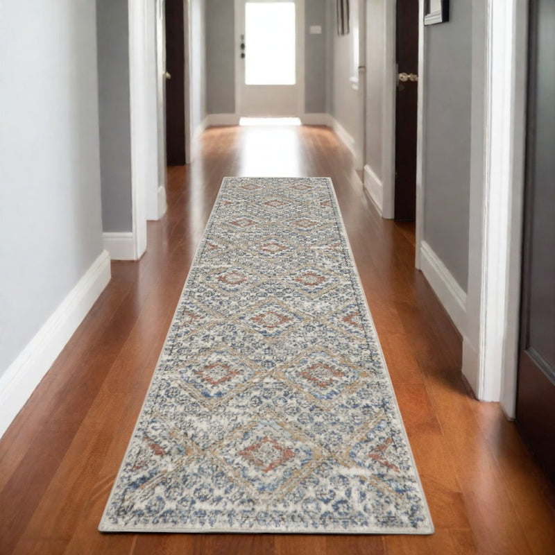 2' X 8' Grey Ivory And Blue Southwestern Power Loom Non Skid Runner Rug