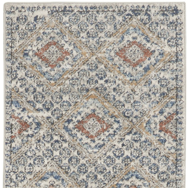 2' X 8' Grey Ivory And Blue Southwestern Power Loom Non Skid Runner Rug