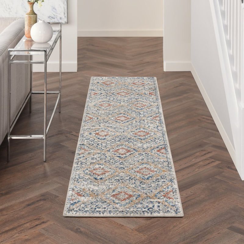 2' X 8' Grey Ivory And Blue Southwestern Power Loom Non Skid Runner Rug