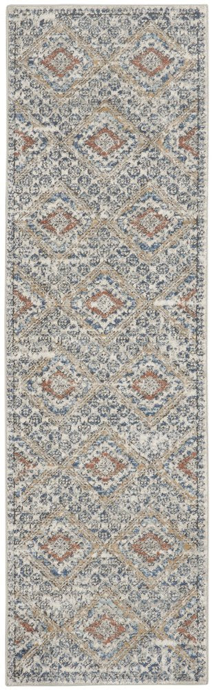 2' X 8' Grey Ivory And Blue Southwestern Power Loom Non Skid Runner Rug