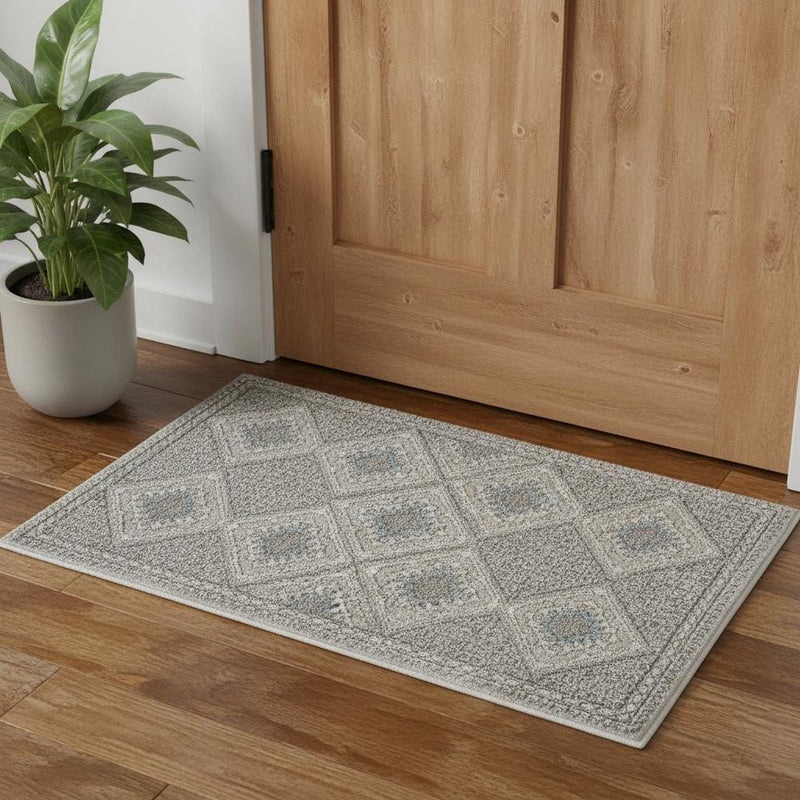 3' X 5' Grey Ivory And Blue Southwestern Power Loom Non Skid Area Rug