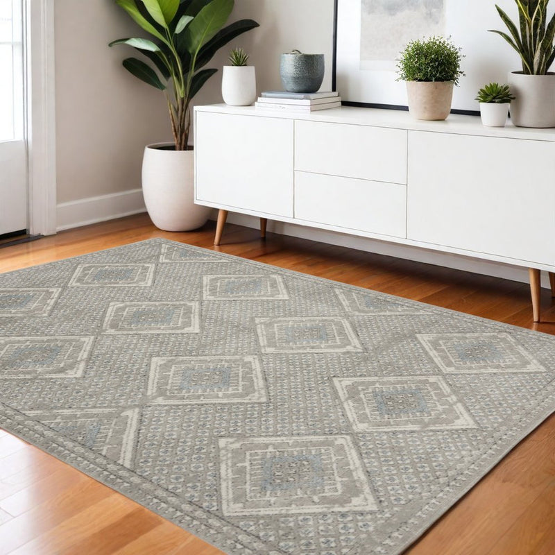 4' X 6' Grey Ivory And Blue Southwestern Power Loom Non Skid Area Rug