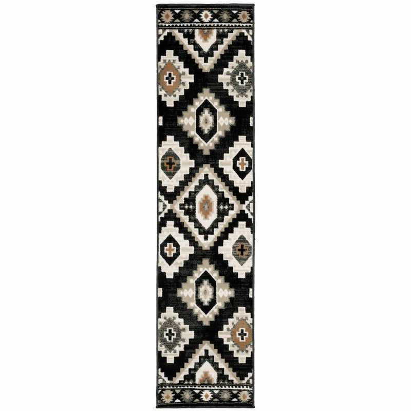 2' X 8' Black Grey Tan Orange And Ivory Southwestern Power Loom Stain Resistant Runner Rug