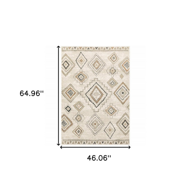 4' X 6' Ivory Orange Tan Black And Grey Southwestern Power Loom Stain Resistant Area Rug