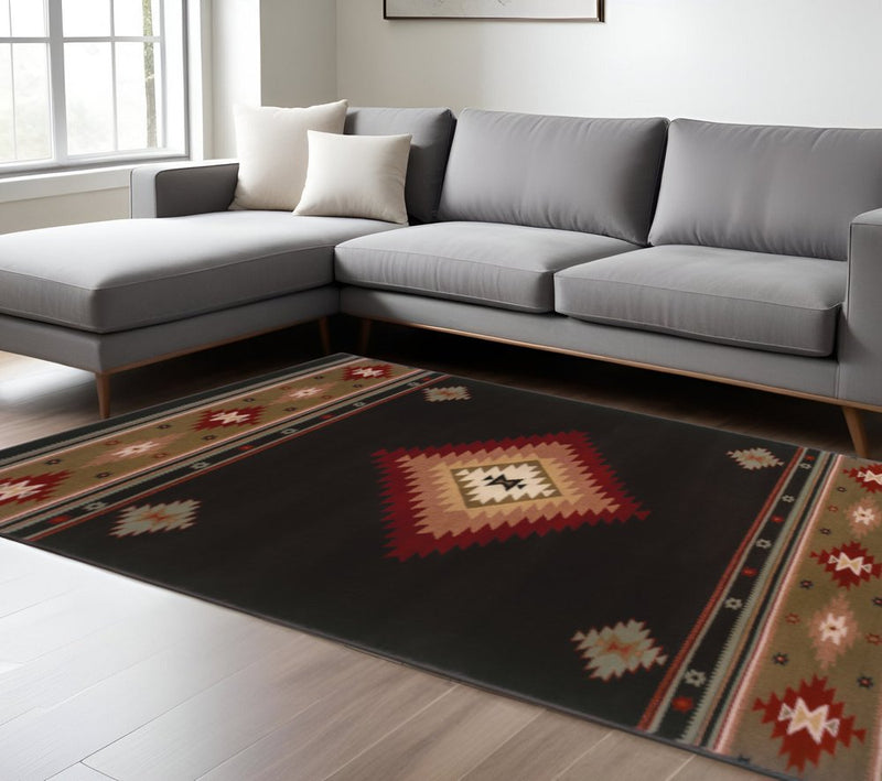 10' X 13' Black And Green Southwestern Power Loom Stain Resistant Area Rug