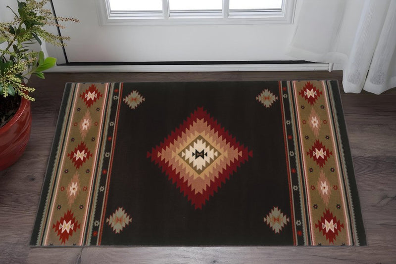 2' X 3' Black And Green Southwestern Power Loom Stain Resistant Area Rug