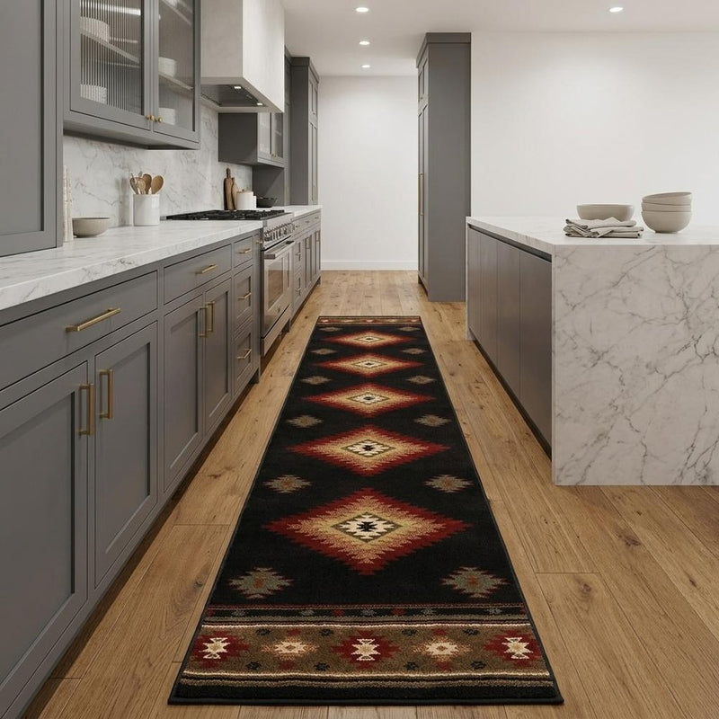 2' X 8' Black Southwestern Power Loom Stain Resistant Runner Rug