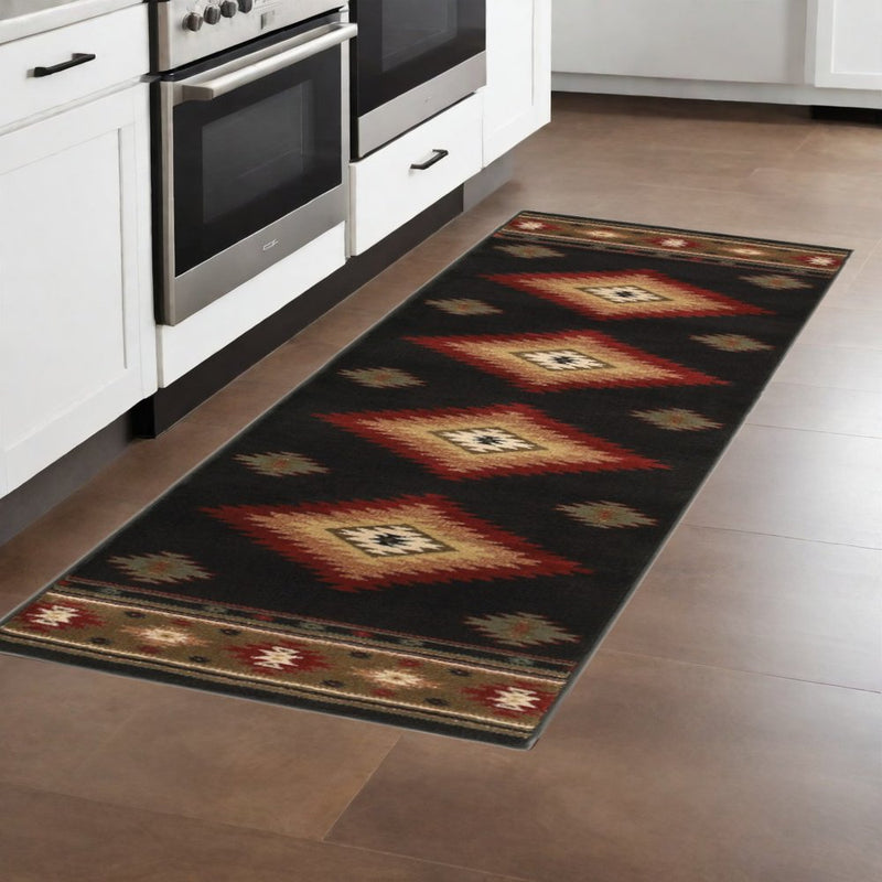 2' X 8' Black Southwestern Power Loom Stain Resistant Runner Rug