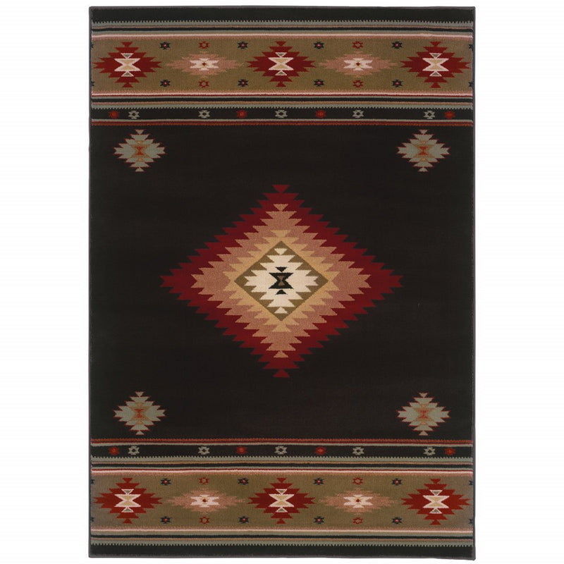 6' X 9' Black And Green Southwestern Power Loom Stain Resistant Area Rug