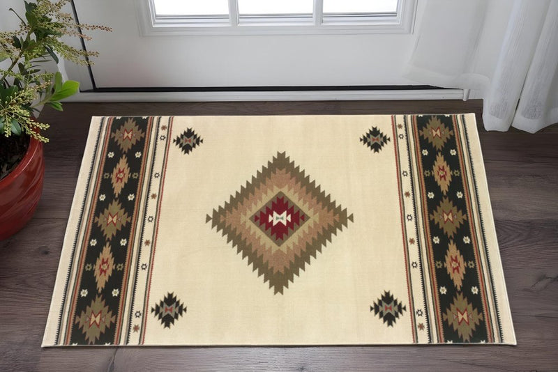 2' X 3' Beige Southwestern Power Loom Stain Resistant Area Rug