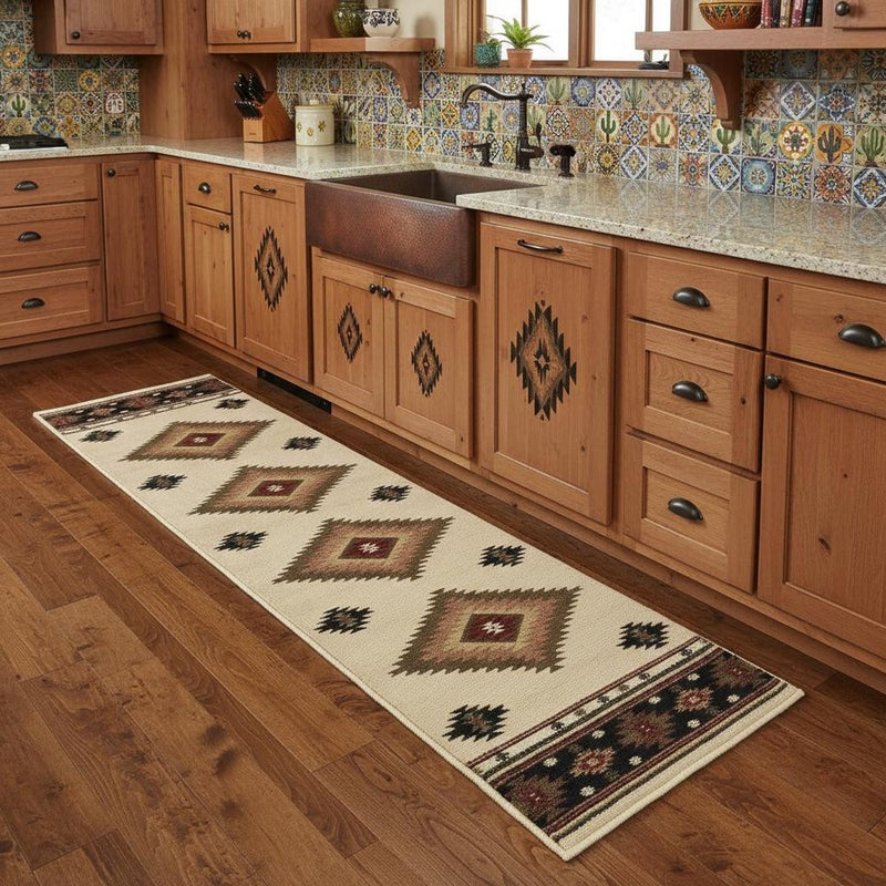 2' X 8' Beige Southwestern Power Loom Stain Resistant Runner Rug