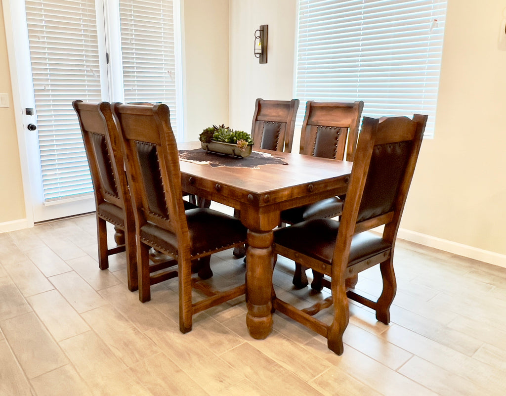 Oasis 6' Dining Table set with 6 Gran Hacienda Chairs in Chestnut finish