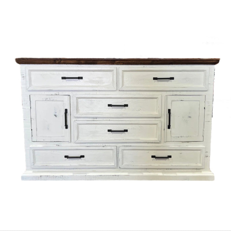 White wooden dresser with dark brown top on a white background