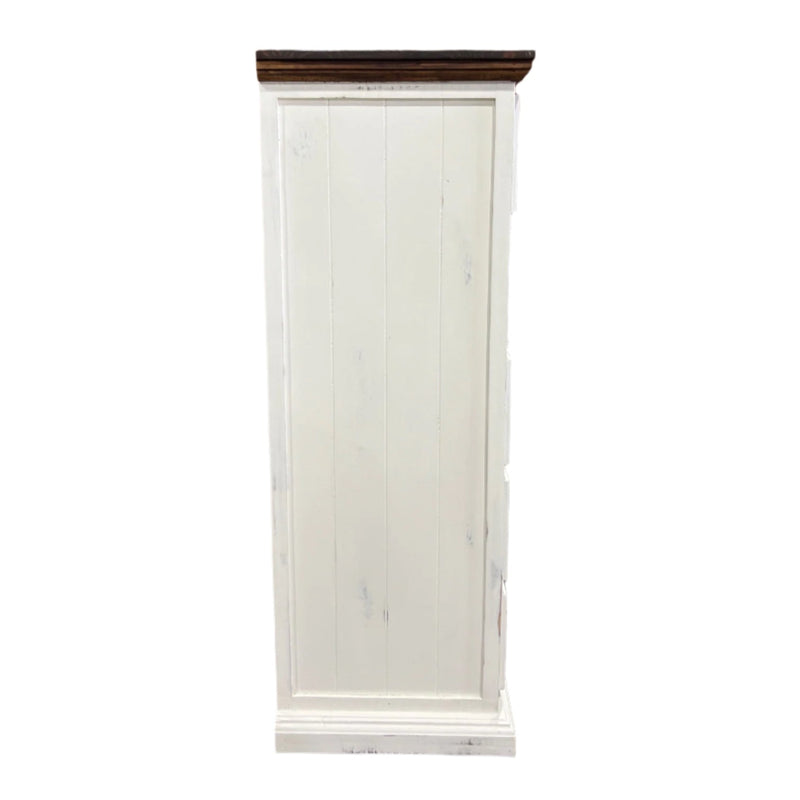 White cabinet with a dark brown top on a white background