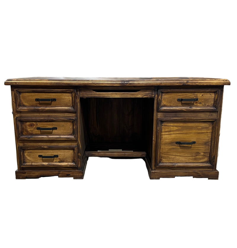Taos Executive Western Desk with Cowhide and Carved Star in Dark Wax