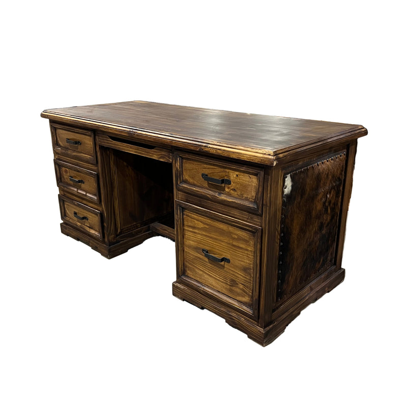 Taos Executive Western Desk with Cowhide and Carved Star in Dark Wax