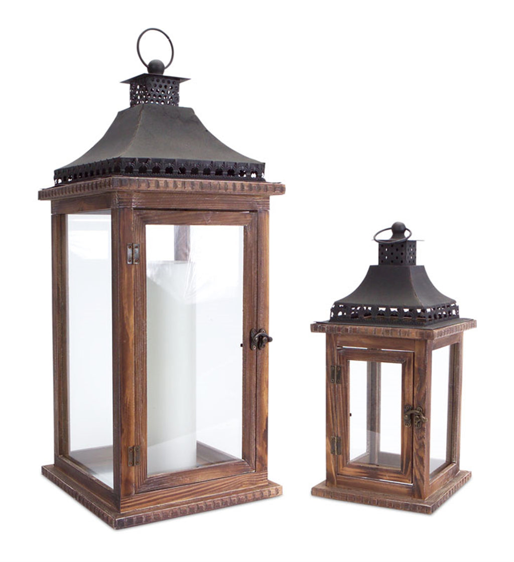 Tall Wood/Iron/Glass Decorative Lanterns (Set of 2)