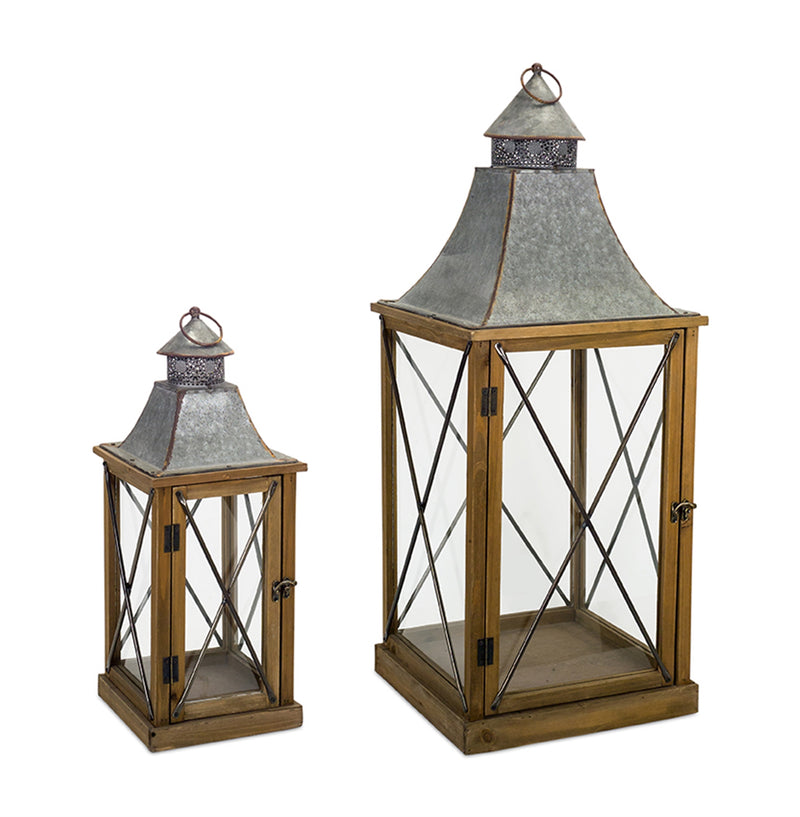 Metal Top Wooden Lantern (Set of 2)