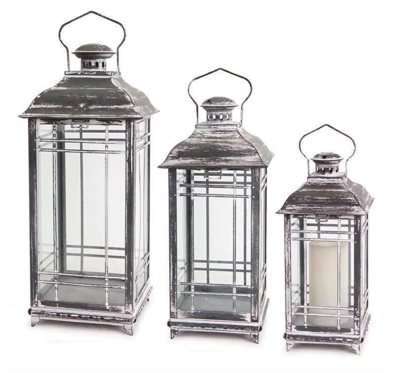 Grey Square Metal/Glass Decorative Lanterns (Set of 3)